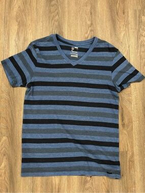 on the byas Blue and Black Striped V-Neck Tee Shirt